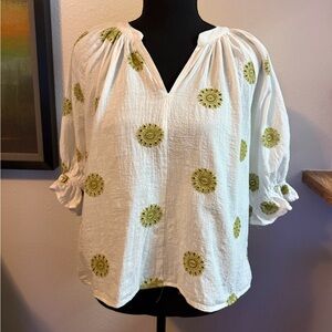 Womens’s White Green Embroidered Peasant Boho Blouse Top Shirt Puff Sleeve M